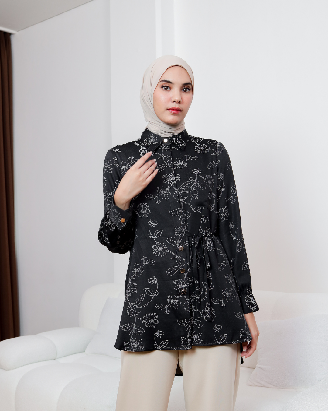 OMARA Relia Flower Jacquard Tie Blouse | Atasan Kemeja Wanita - The Daily Tales