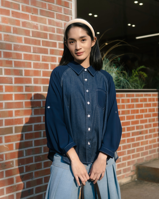 OMARA Vanny Two-Tone Denim Shirt | Kemeja Blouse Wanita - Seoul Stroll