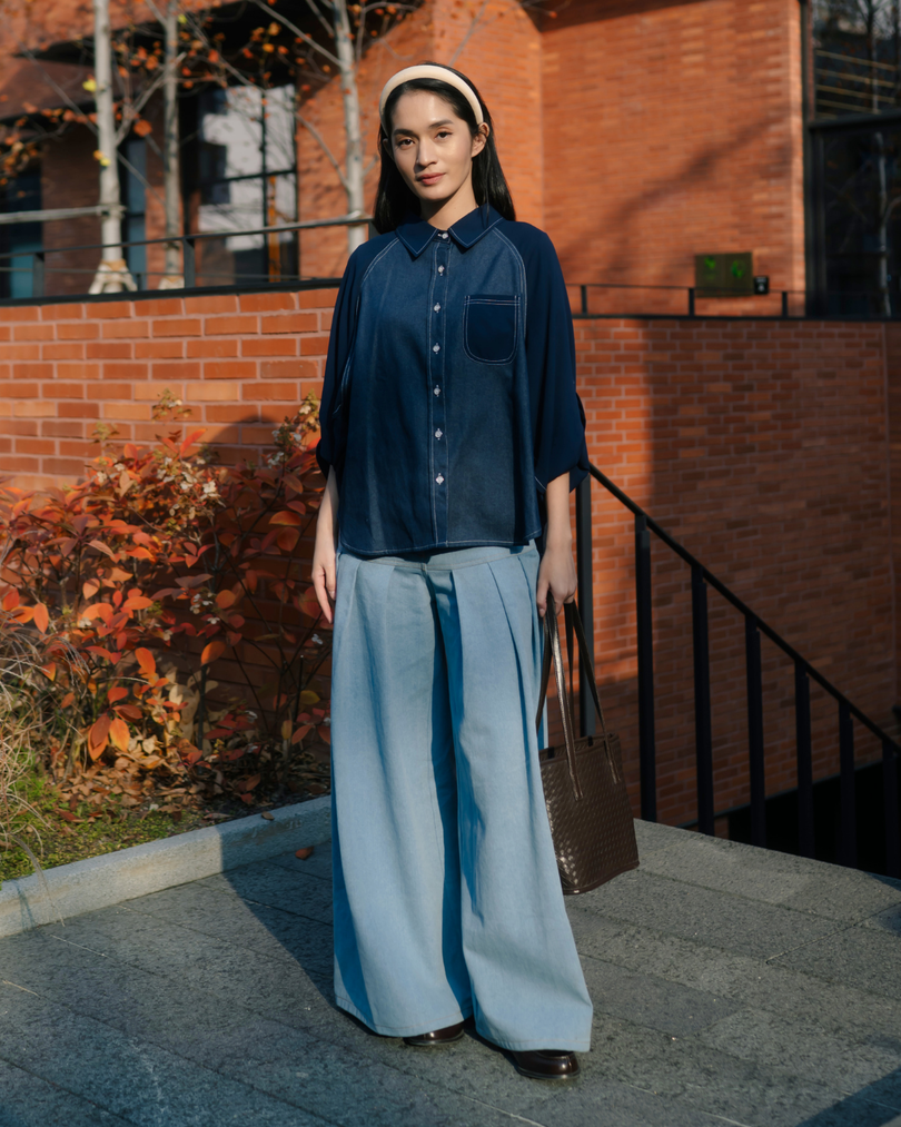 OMARA Vanny Two-Tone Denim Shirt | Kemeja Blouse Wanita - Seoul Stroll