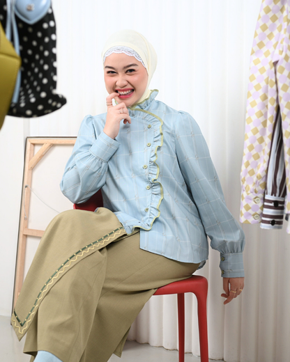 Omara x Firyal Aisyah — Pomeline Gingham Cherry Overlap Blouse Powder Blue | Atasan Wanita