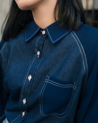OMARA Vanny Two-Tone Denim Shirt | Kemeja Blouse Wanita - Seoul Stroll