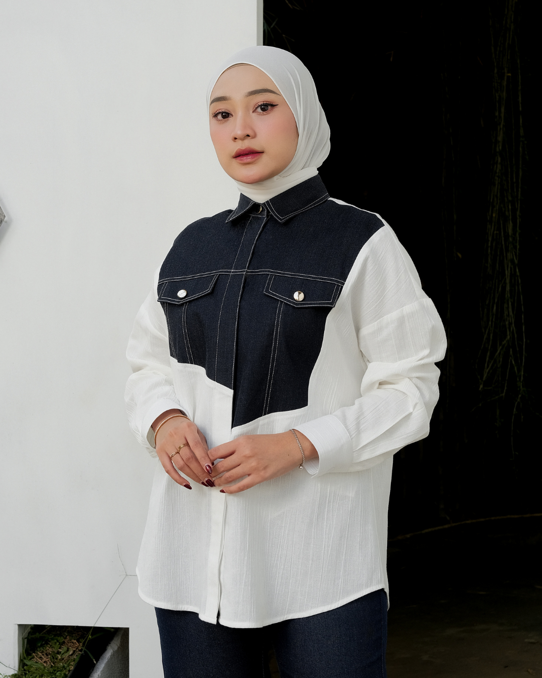 OMARA Ayra Patchwork Denim Shirt | Kemeja Blouse Wanita - Mosaic