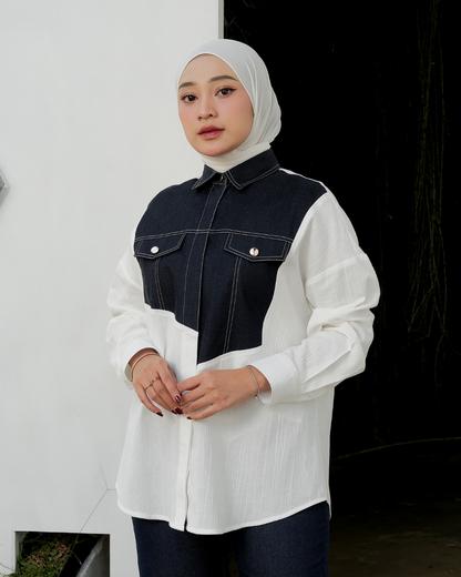 OMARA Ayra Patchwork Denim Shirt | Kemeja Blouse Wanita - Mosaic
