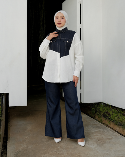OMARA Ayra Patchwork Denim Shirt | Kemeja Blouse Wanita - Mosaic