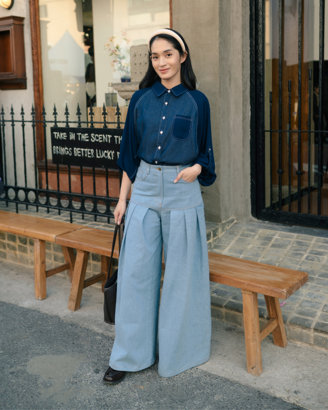 OMARA Vanny Two-Tone Denim Shirt | Kemeja Blouse Wanita - Seoul Stroll