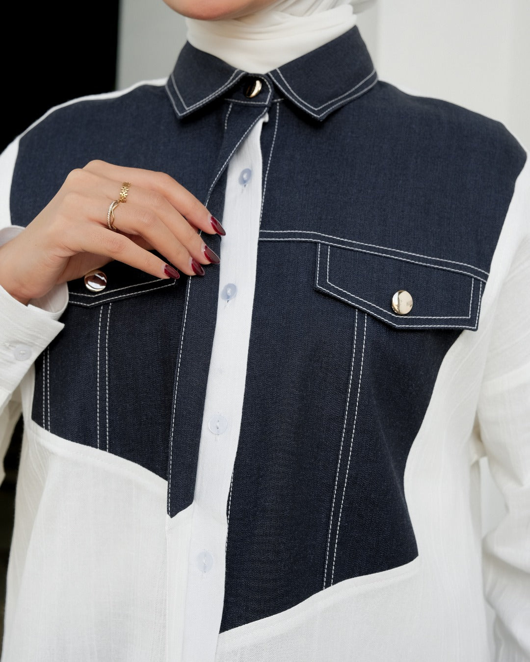 OMARA Ayra Patchwork Denim Shirt | Kemeja Blouse Wanita - Mosaic