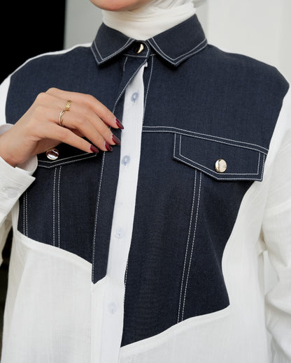 OMARA Ayra Patchwork Denim Shirt | Kemeja Blouse Wanita - Mosaic