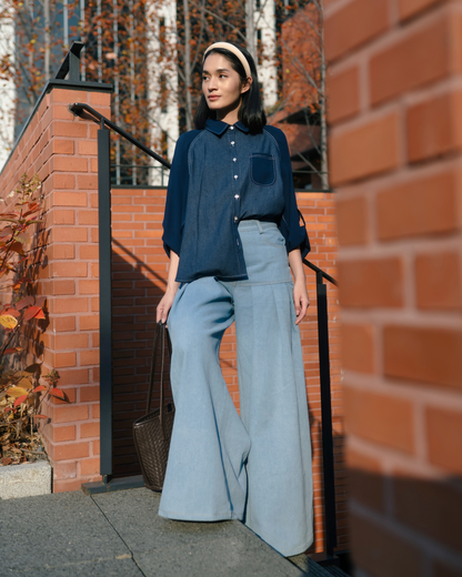 OMARA Vanny Two-Tone Denim Shirt | Kemeja Blouse Wanita - Seoul Stroll