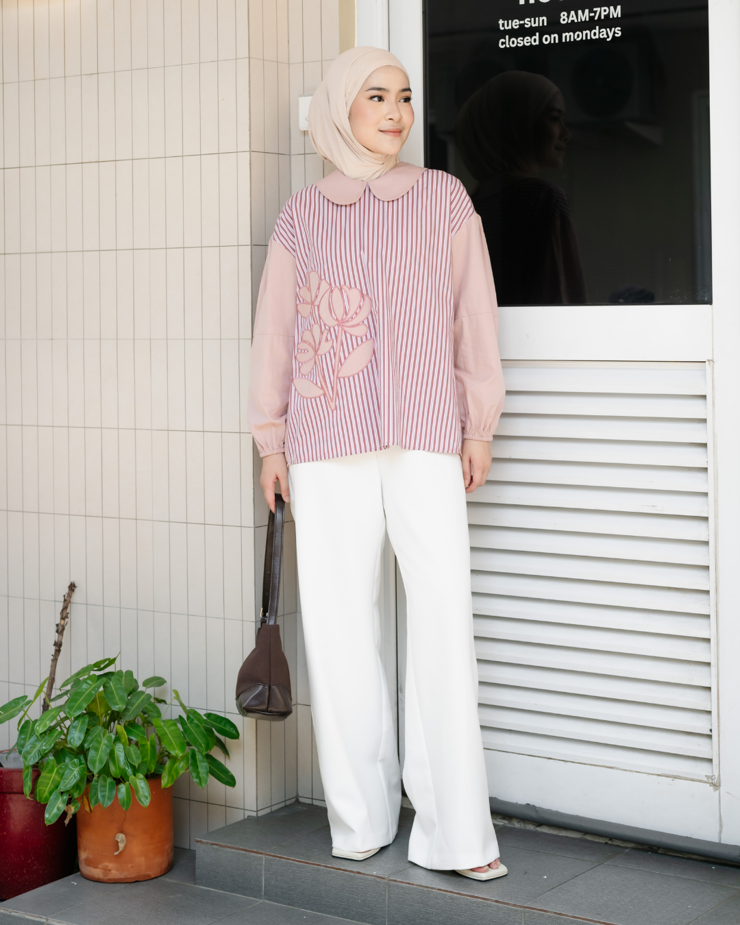 Bernika Flower Embroidery Stripe Blouse
