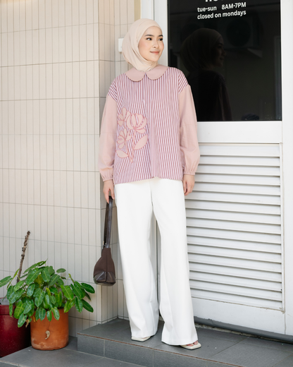 Bernika Flower Embroidery Stripe Blouse