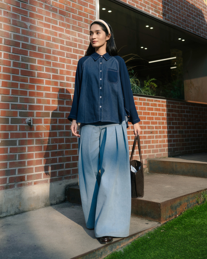 OMARA Vanny Two-Tone Denim Shirt | Kemeja Blouse Wanita - Seoul Stroll