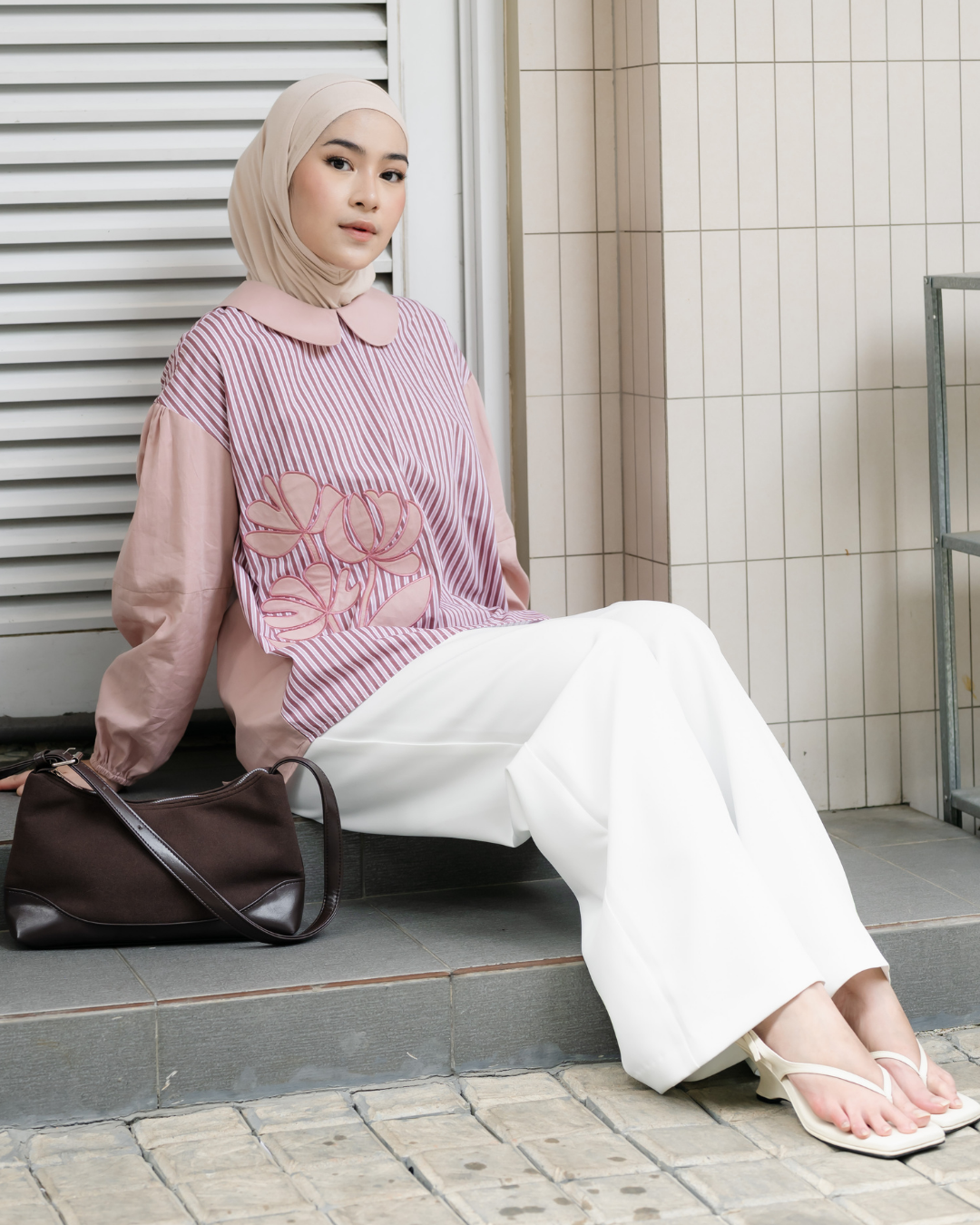 Bernika Flower Embroidery Stripe Blouse
