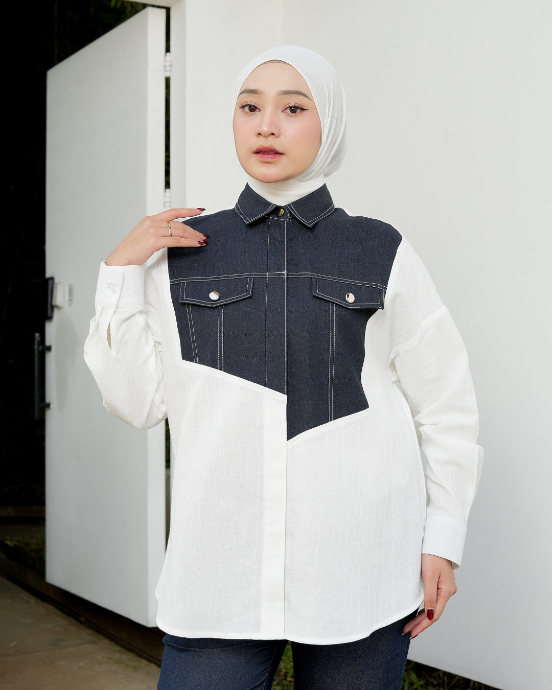 OMARA Ayra Patchwork Denim Shirt | Kemeja Blouse Wanita - Mosaic