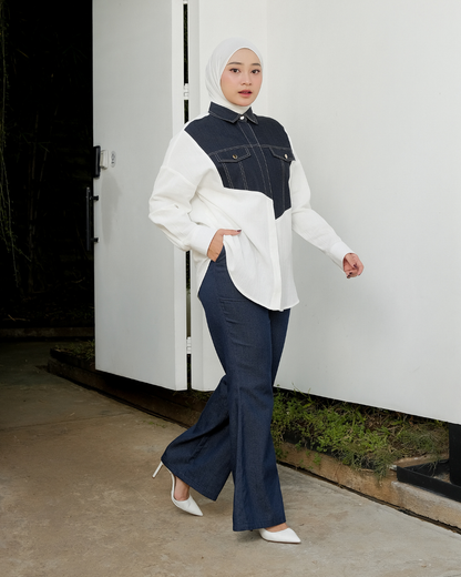 OMARA Ayra Patchwork Denim Shirt | Kemeja Blouse Wanita - Mosaic
