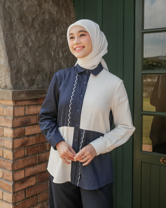 OMARA Wynora Color-Block Denim Linen Shirt | Kemeja Blouse Wanita - Olive Grove