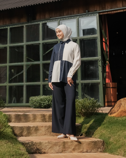OMARA Wynora Color-Block Denim Linen Shirt | Kemeja Blouse Wanita - Olive Grove