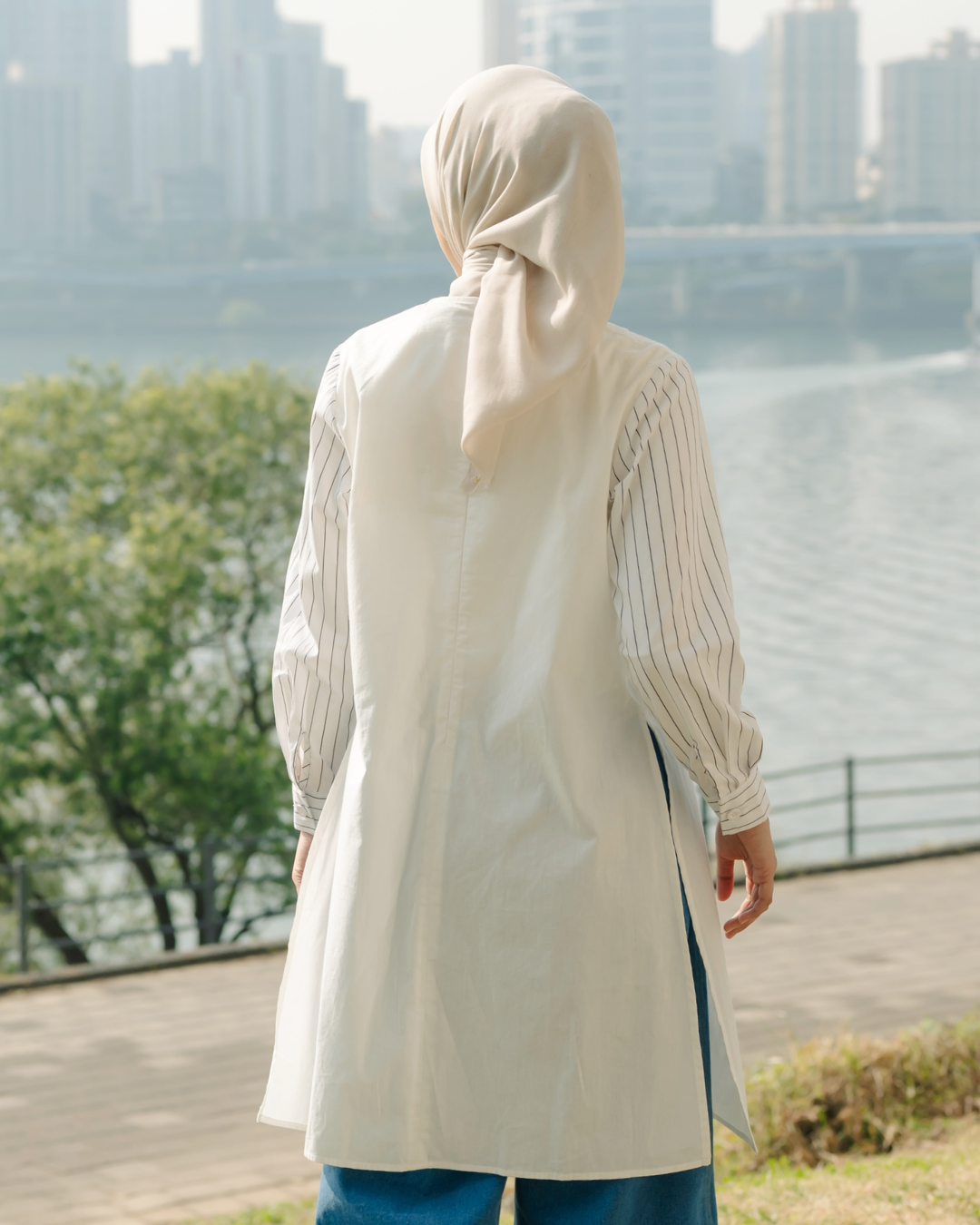 OMARA Vaira Stripe Overlap Asymmetric Tunic | Blouse Tunik Wanita - Seoul Stroll