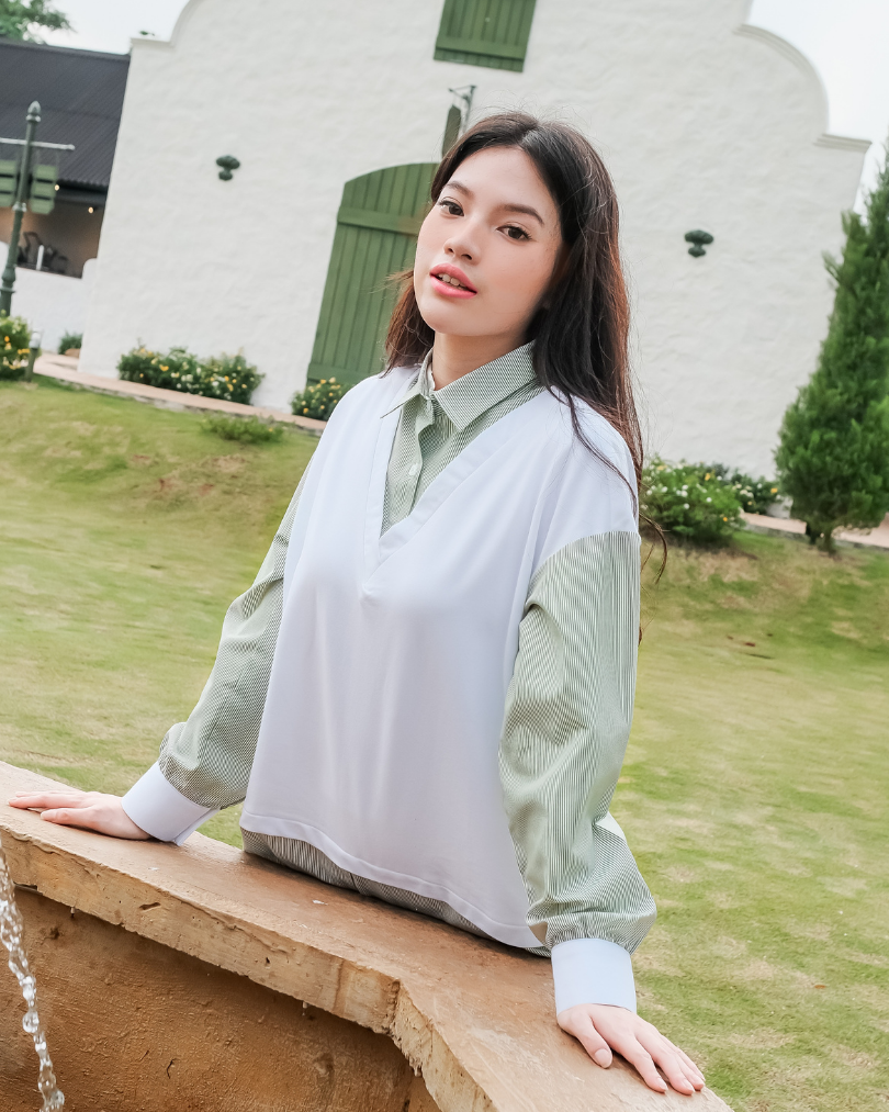 OMARA Wilonna Layered Vest Shirt | Kemeja Blouse Wanita - Olive Grove