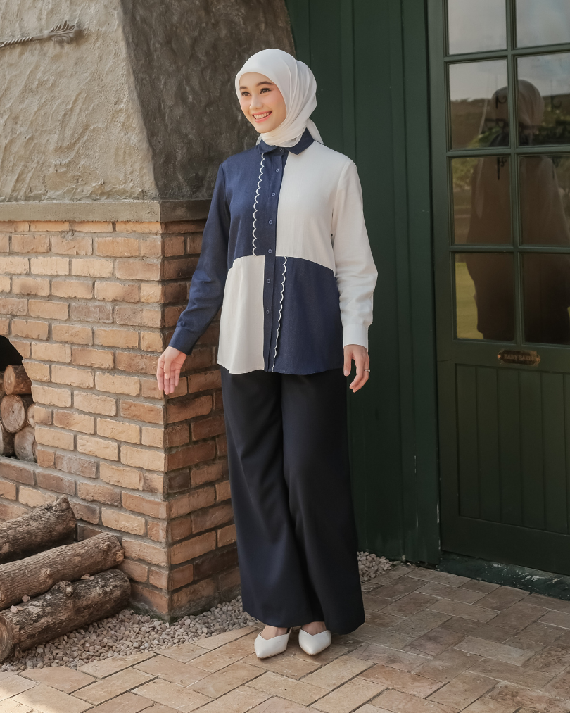 OMARA Wynora Color-Block Denim Linen Shirt | Kemeja Blouse Wanita - Olive Grove