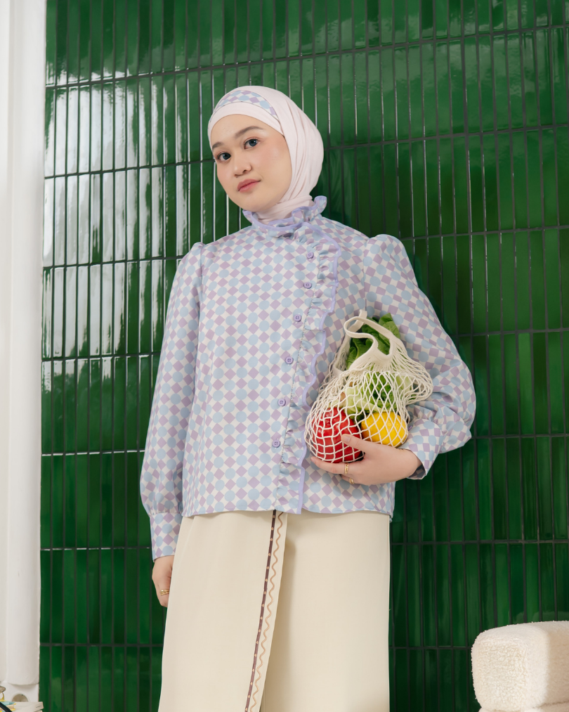 Omara x Firyal Aisyah — Pomeline Lilac Geo Polka Overlap Blouse | Atasan Wanita
