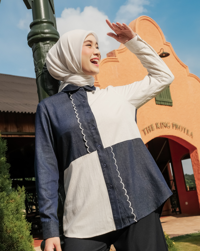 OMARA Wynora Color-Block Denim Linen Shirt | Kemeja Blouse Wanita - Olive Grove