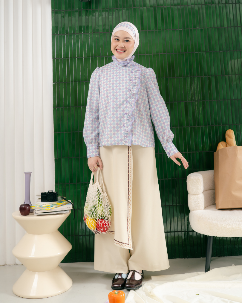 Omara x Firyal Aisyah — Pomeline Lilac Geo Polka Overlap Blouse | Atasan Wanita
