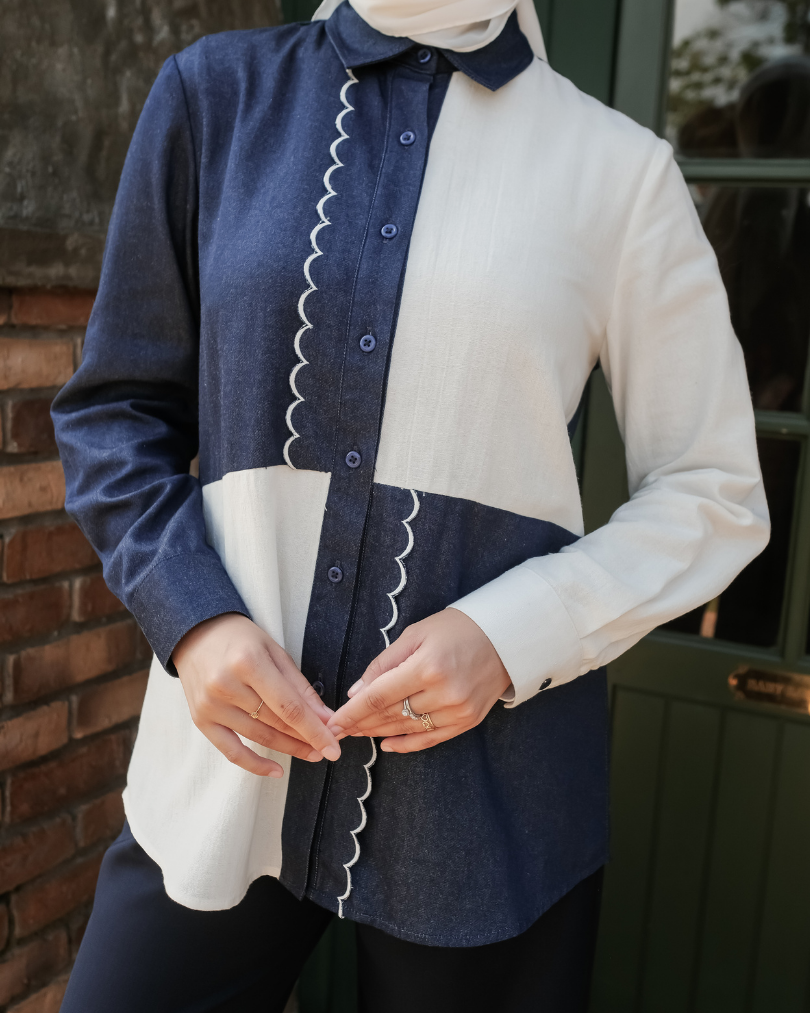 OMARA Wynora Color-Block Denim Linen Shirt | Kemeja Blouse Wanita - Olive Grove