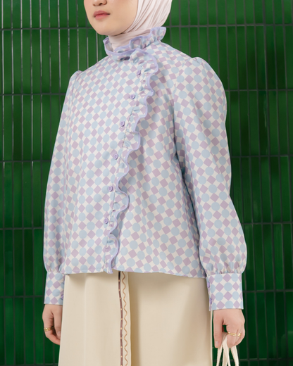 Omara x Firyal Aisyah — Pomeline Lilac Geo Polka Overlap Blouse | Atasan Wanita