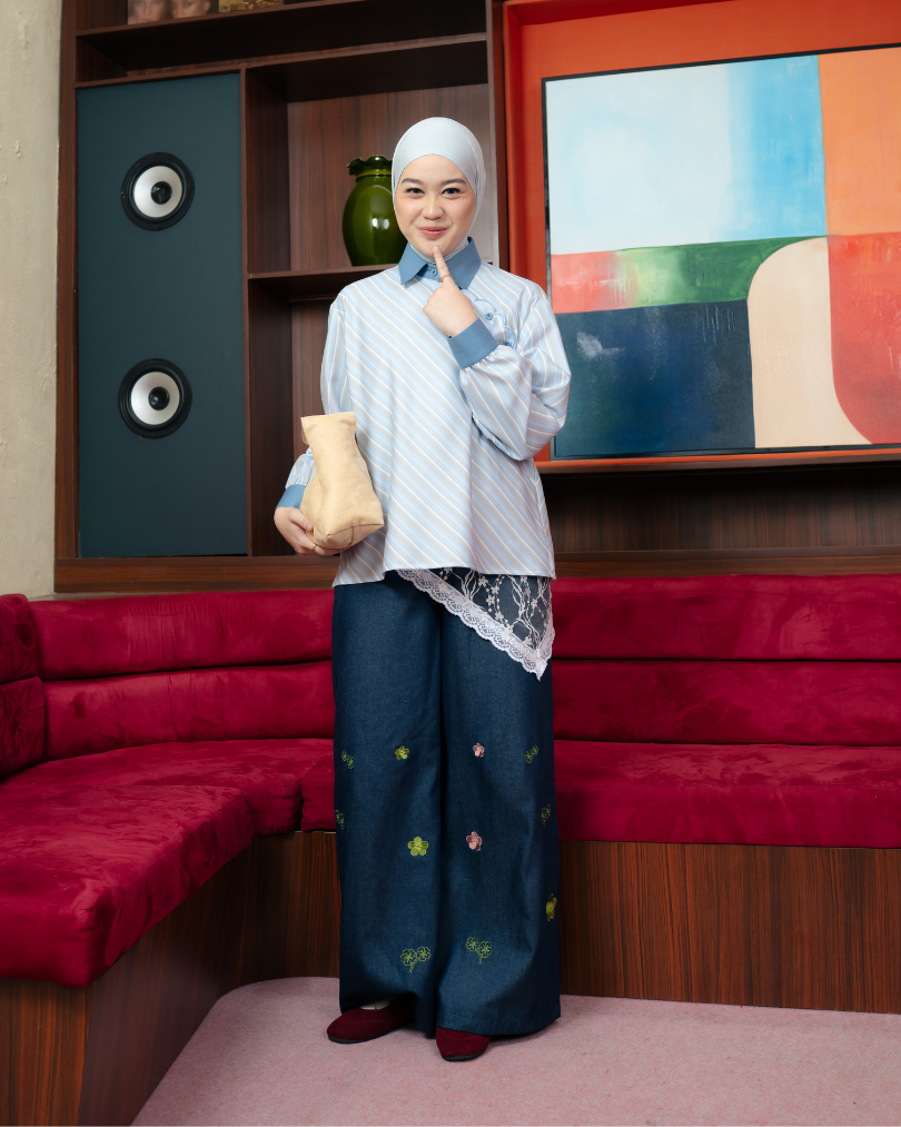 Omara x Firyal Aisyah — Luelle Denim Diagonal Scallop Blouse | Atasan Wanita