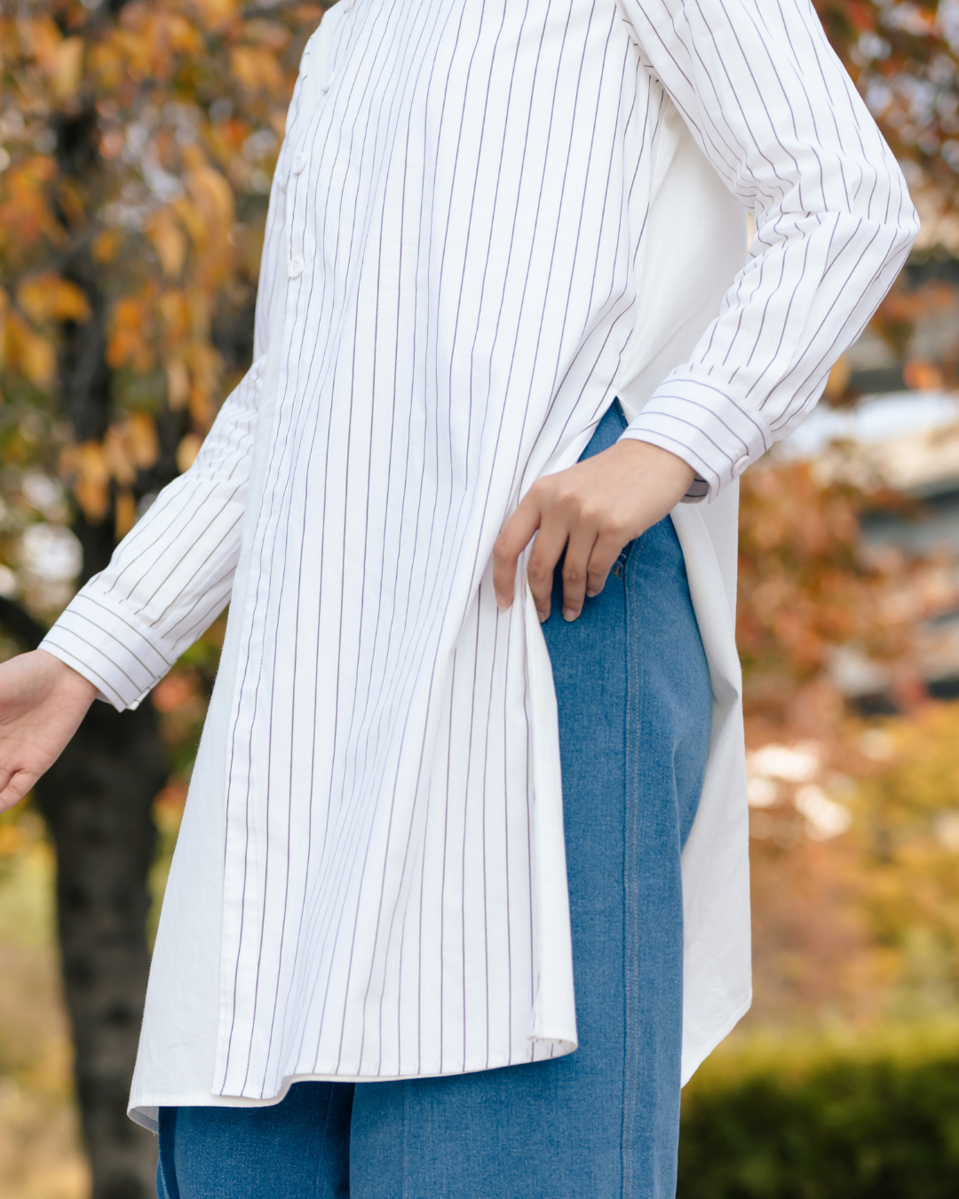OMARA Vaira Stripe Overlap Asymmetric Tunic | Blouse Tunik Wanita - Seoul Stroll