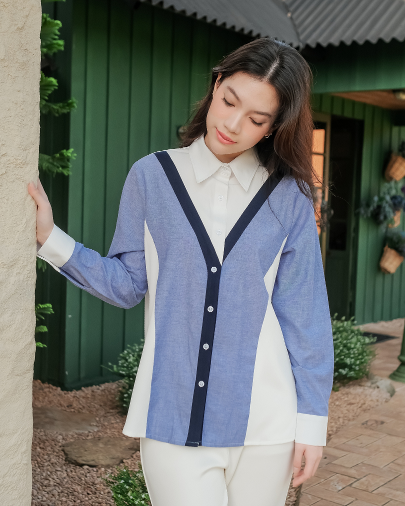 OMARA Waverly Color-Block Panel Shirt | Kemeja Blouse Wanita - Olive Grove
