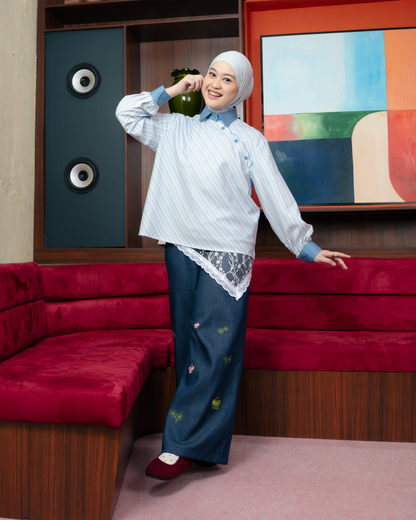 Omara x Firyal Aisyah — Luelle Denim Diagonal Scallop Blouse | Atasan Wanita
