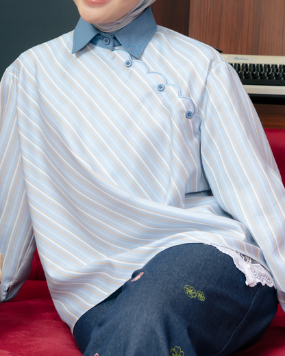 Omara x Firyal Aisyah — Luelle Denim Diagonal Scallop Blouse | Atasan Wanita