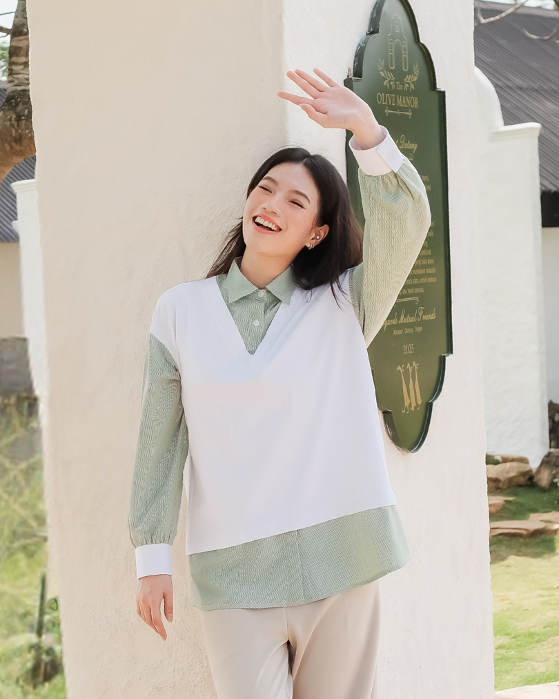 OMARA Wilonna Layered Vest Shirt | Kemeja Blouse Wanita - Olive Grove