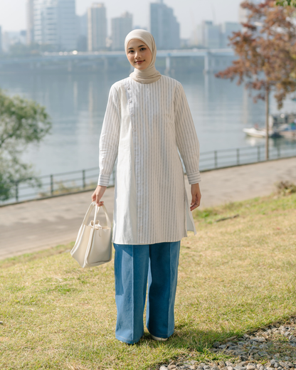 OMARA Vaira Stripe Overlap Asymmetric Tunic | Blouse Tunik Wanita - Seoul Stroll