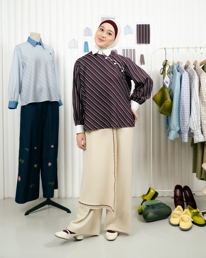 Omara x Firyal Aisyah — Luelle Maroon Diagonal Scallop Blouse | Atasan Wanita