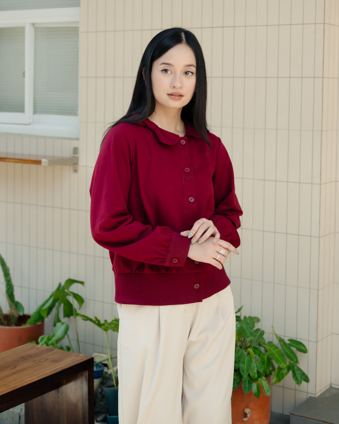 Bariela Ribbon-Collar Ribbed Cardigan