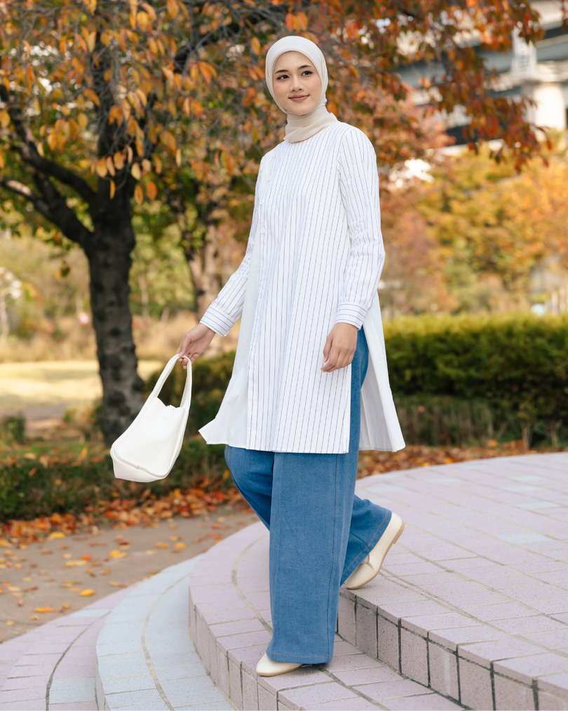 OMARA Vaira Stripe Overlap Asymmetric Tunic | Blouse Tunik Wanita - Seoul Stroll
