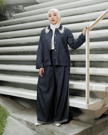 OMARA Alaura Denim List Wide Leg Pants | Celana Wanita - Mosaic