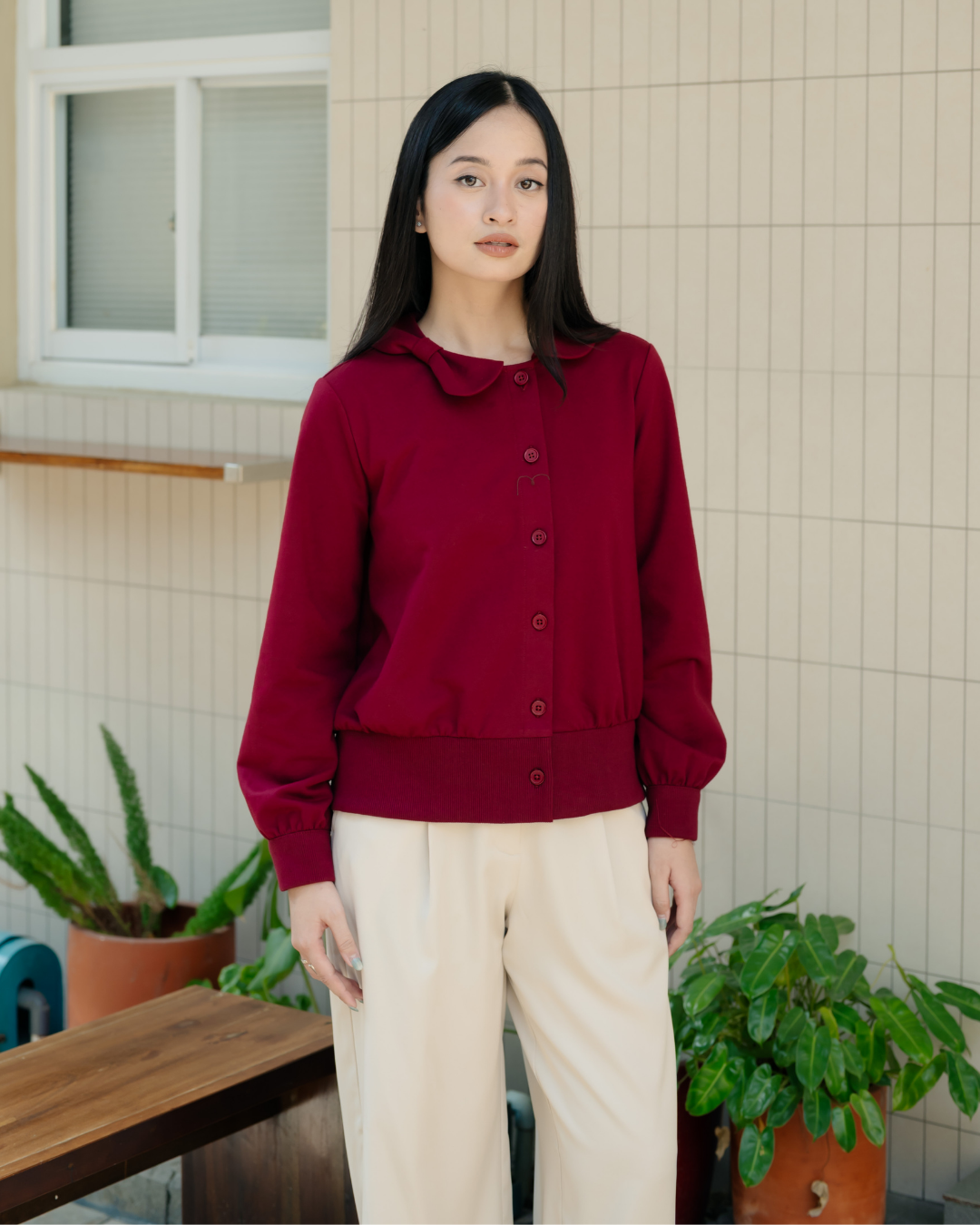 Bariela Ribbon-Collar Ribbed Cardigan