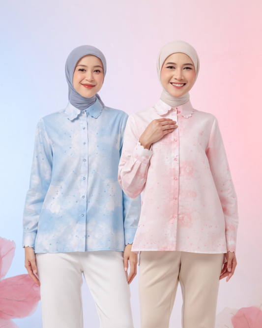 OMARA Calista Watercolor Scallop Shirt | Kemeja Blouse Wanita - Gardenia