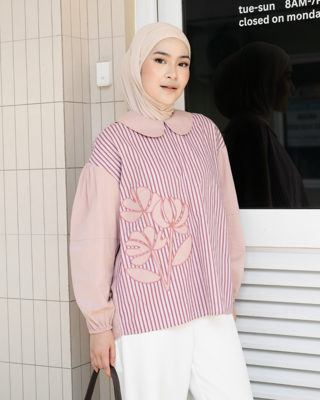 Bernika Flower Embroidery Stripe Blouse