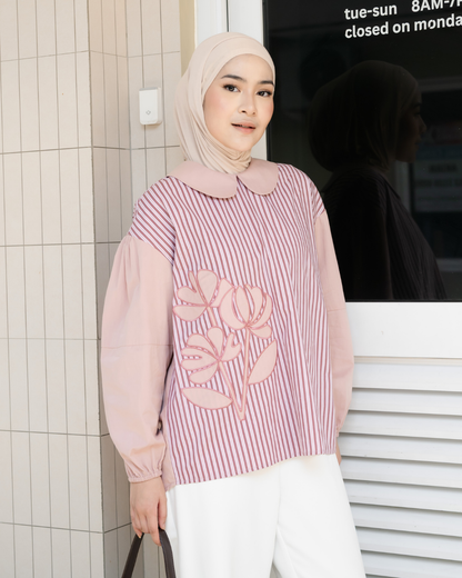 Bernika Flower Embroidery Stripe Blouse