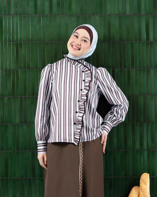 Omara x Firyal Aisyah — Pomeline Timeless Stripe Overlap Blouse Brown | Atasan Wanita