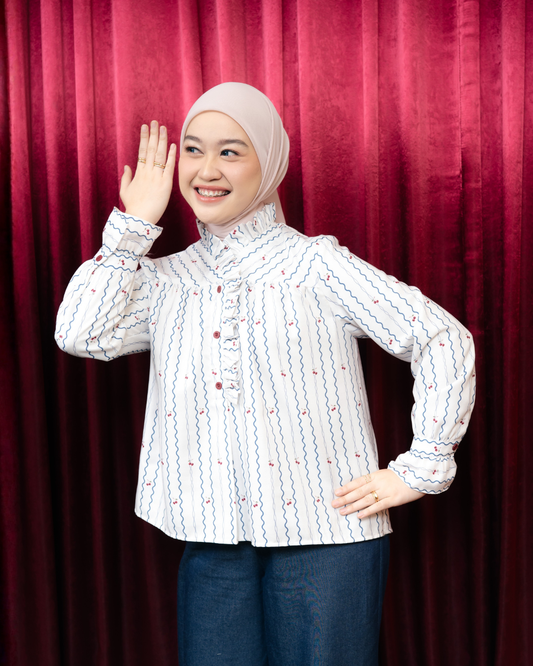 Omara x Firyal Aisyah —Cherine Red Cherry Ruffle Blouse Ivory | Atasan Wanita