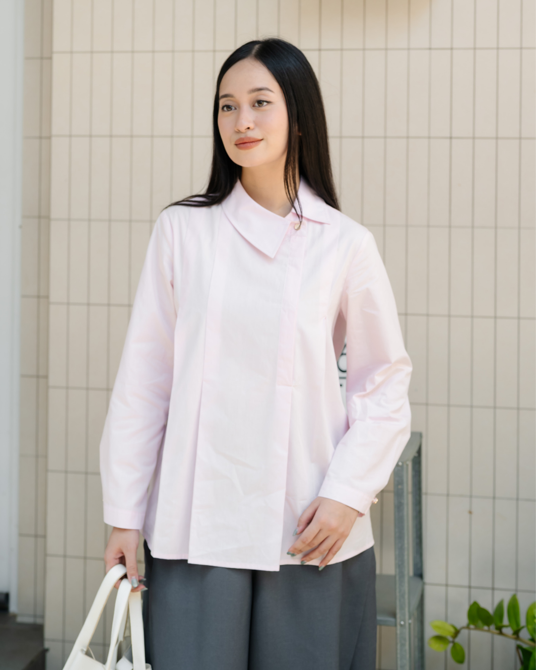 Benira Pleated Asymmetric Collar Shirt