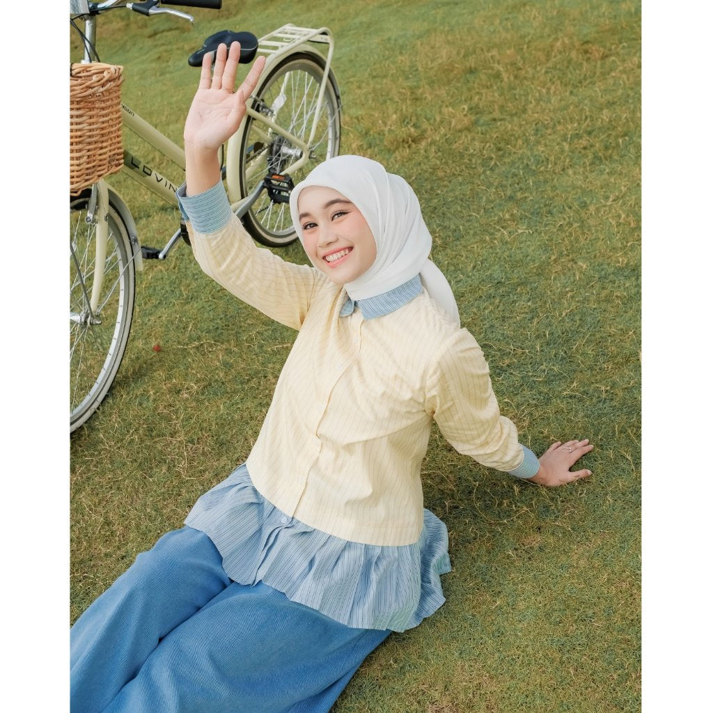 OMARA Winna Pleated Two-Tone Shirt | Kemeja Blouse Wanita - Olive Grove