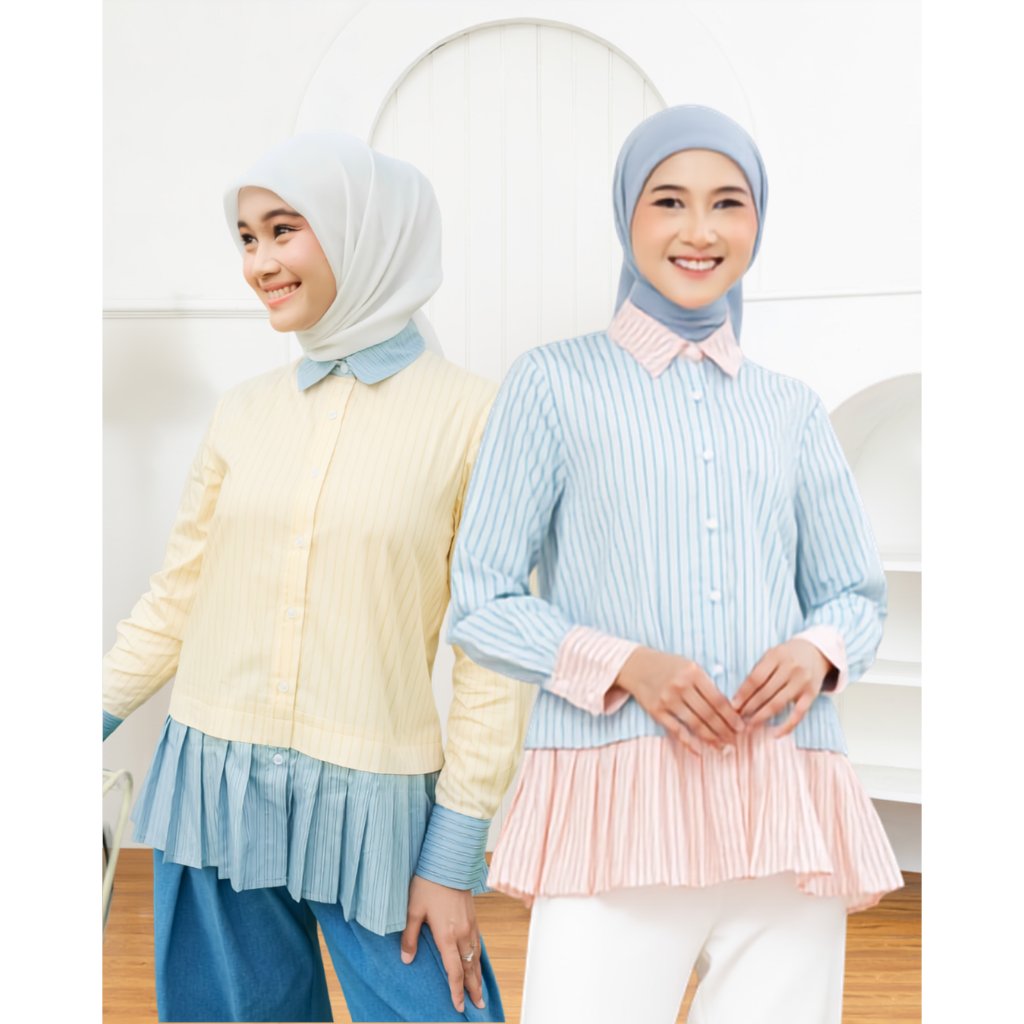 OMARA Winna Pleated Two-Tone Shirt | Kemeja Blouse Wanita - Olive Grove