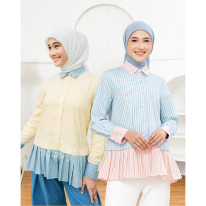 OMARA Winna Pleated Two-Tone Shirt | Kemeja Blouse Wanita - Olive Grove